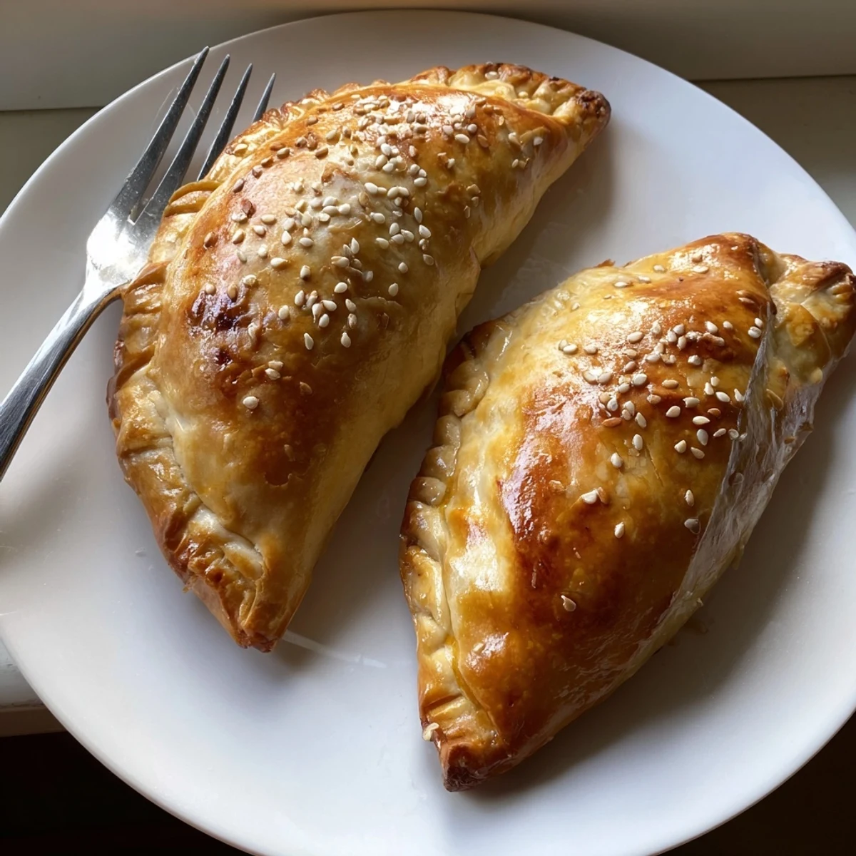 Golden baked cheesy chicken pockets with flaky pastry crust and melted cheddar cheese