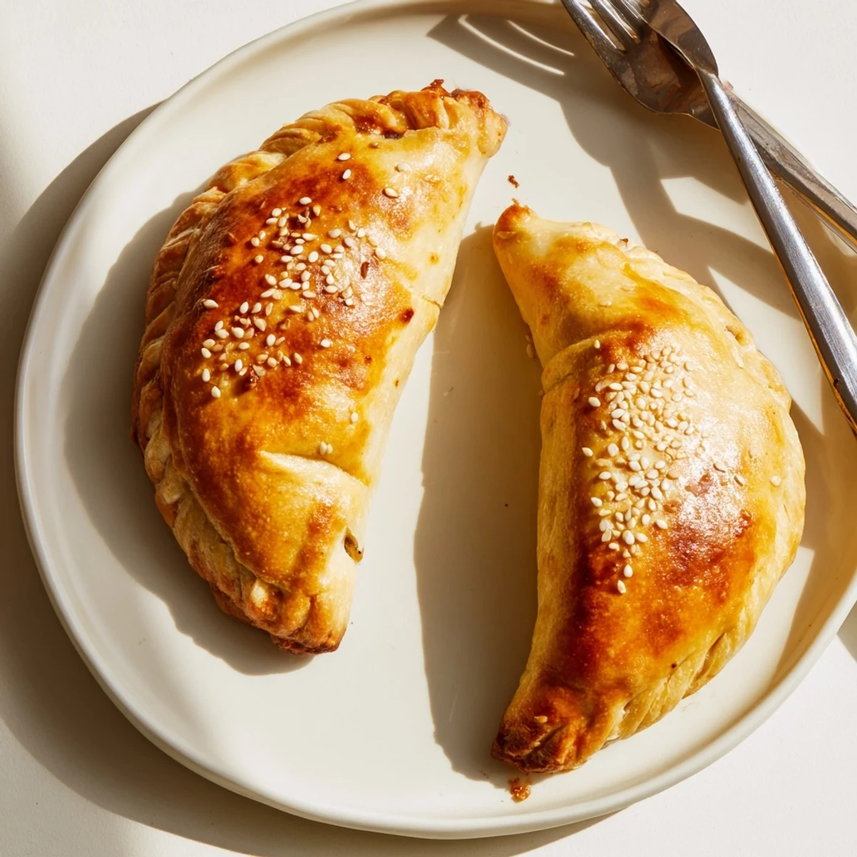 Freshly baked cheesy chicken pockets brushed with egg wash and sesame seed topping