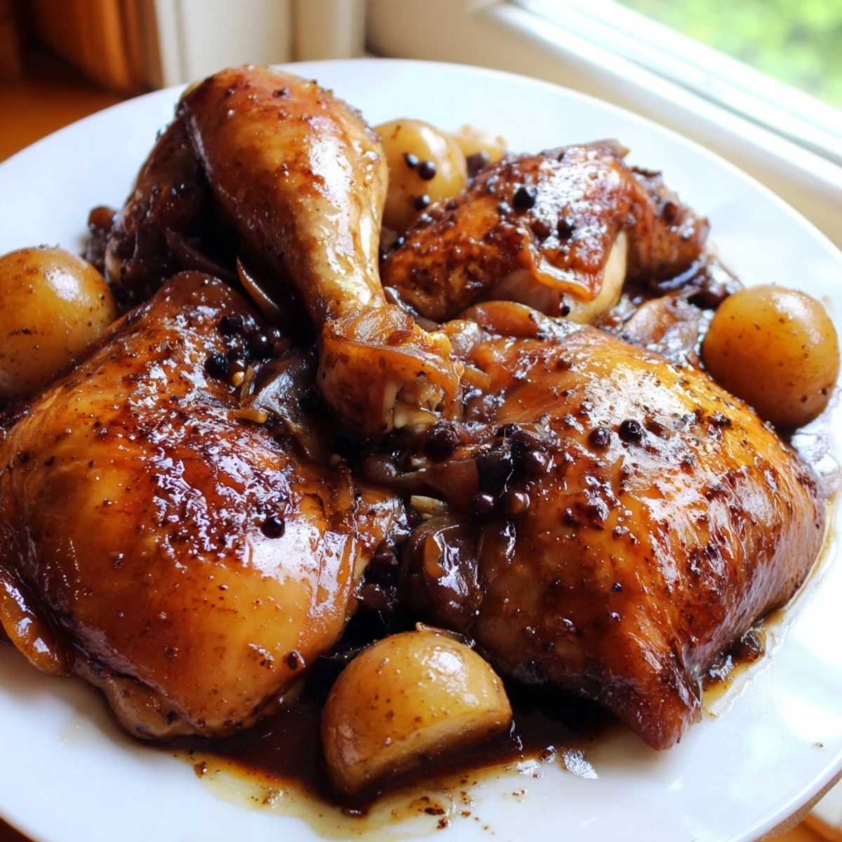 Golden brown Filipino Chicken Adobo pieces served in a glossy dark soy vinegar sauce over steaming white rice