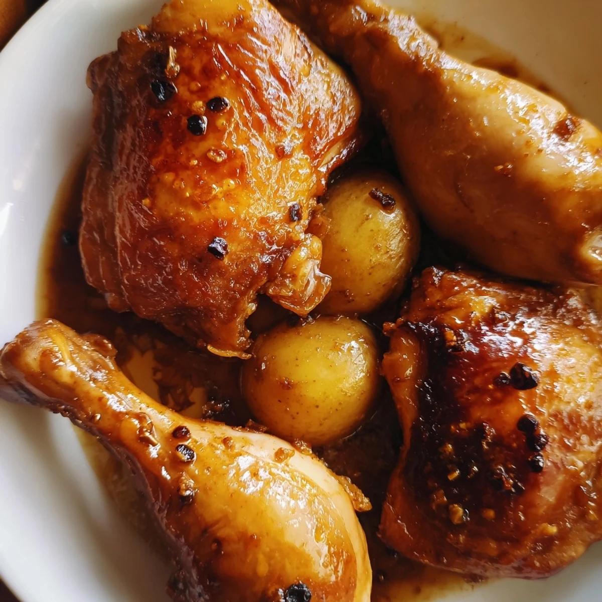 Tender chicken thighs braised in tangy soy and vinegar garlic sauce garnished with fresh green scallions