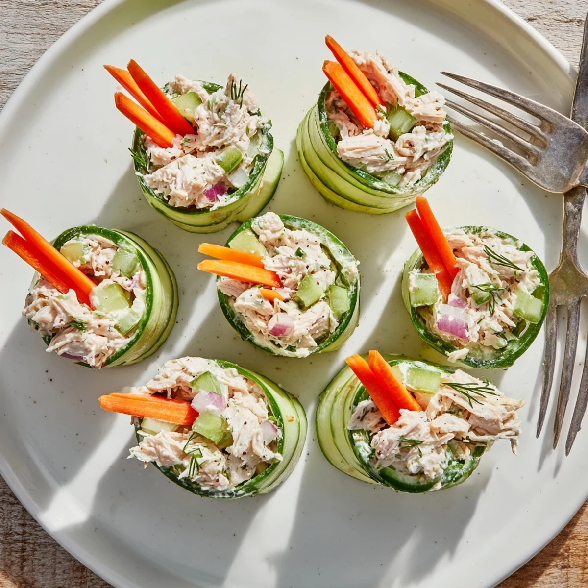 Fresh cucumber ribbons wrapped around creamy chicken salad for a light, refreshing appetizer