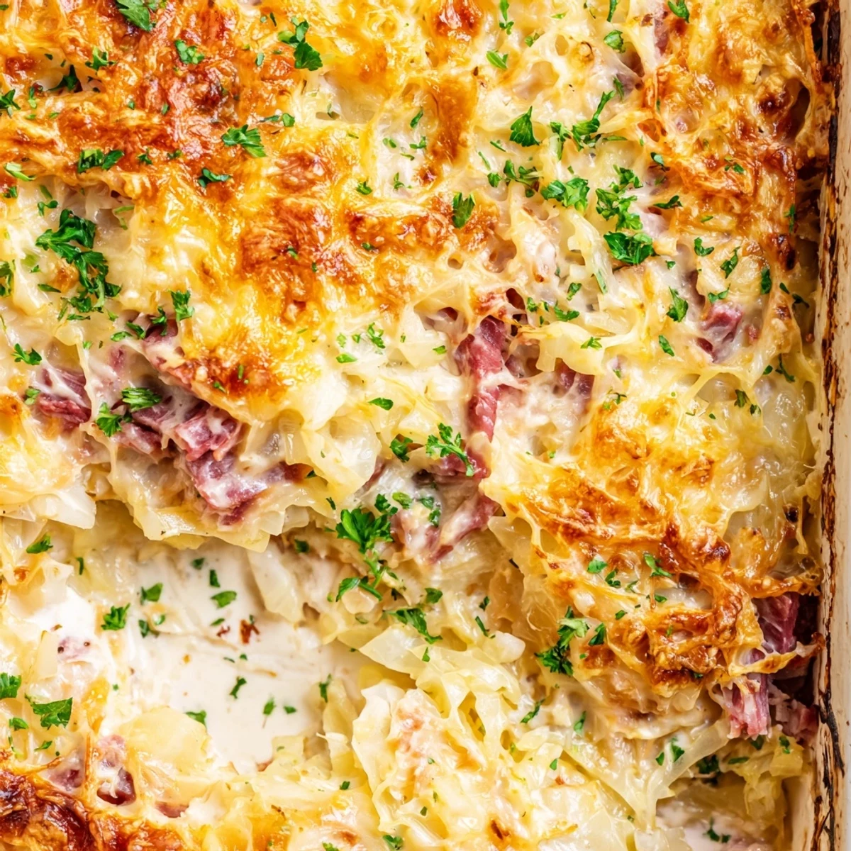 Golden brown creamy corned beef cabbage parmesan bake bubbling in a glass baking dish
