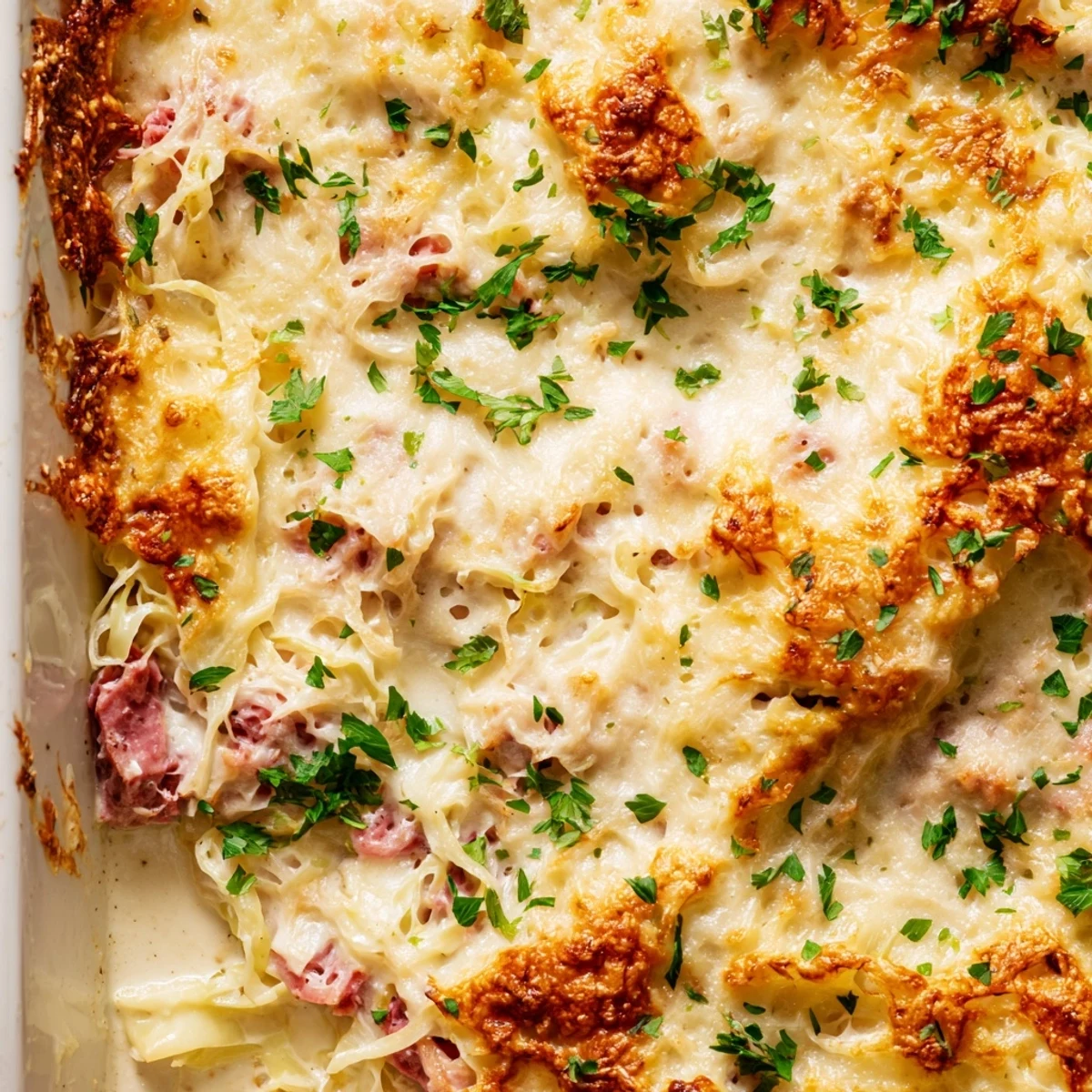 Comforting casserole with tender cabbage chunks and melted mozzarella cheese topping on a white plate
