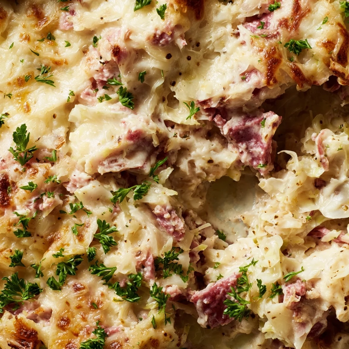 Creamy corned beef cabbage parmesan bake fresh from the oven with chopped parsley garnish