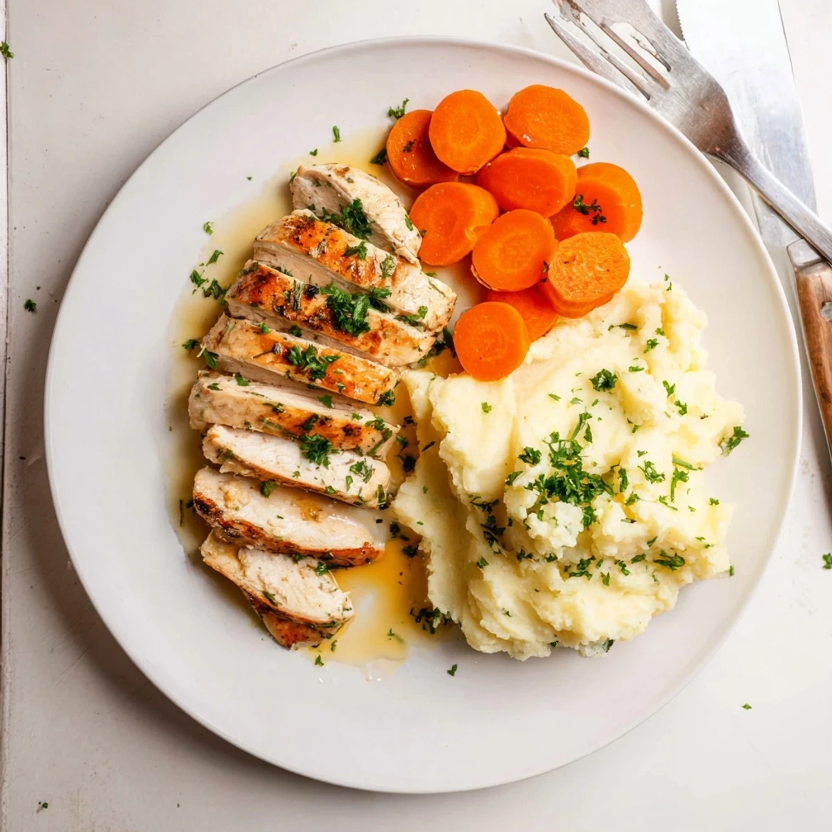 Golden garlic herb chicken breast plated beside creamy mashed potatoes and honey glazed carrots on a white dinner plate