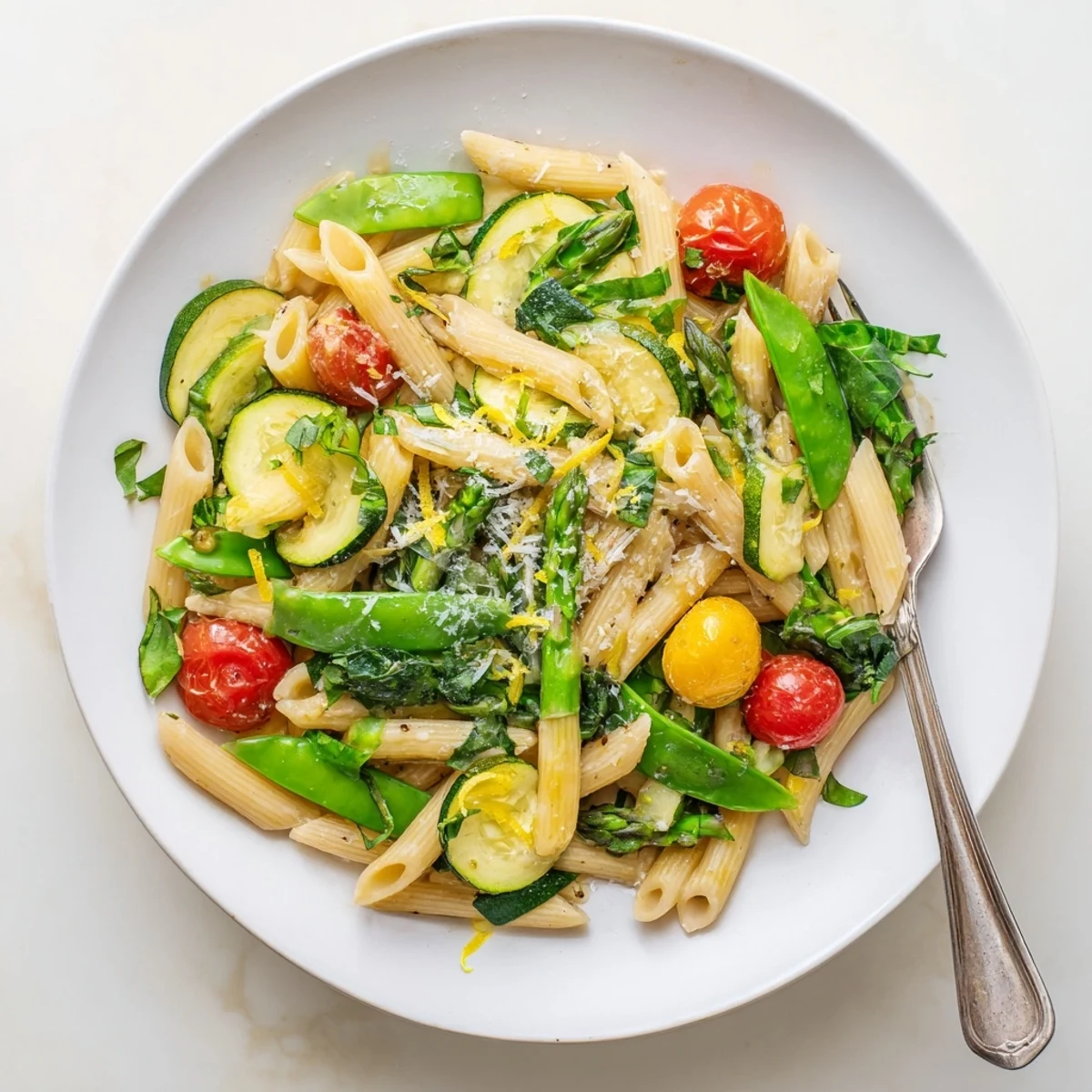 Creamy one pot spring vegetable pasta featuring fresh zucchini snap peas and bright lemon zest