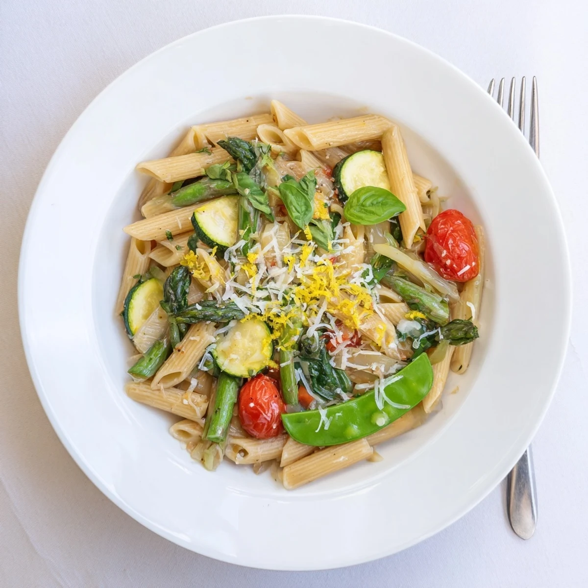 Golden one pot spring vegetable pasta tossed with tender asparagus and colorful cherry tomatoes