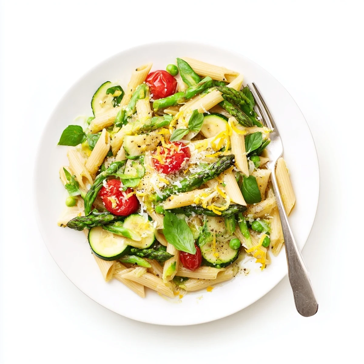 Vibrant one pot spring vegetable pasta in a skillet with melted Parmesan and fresh basil garnish