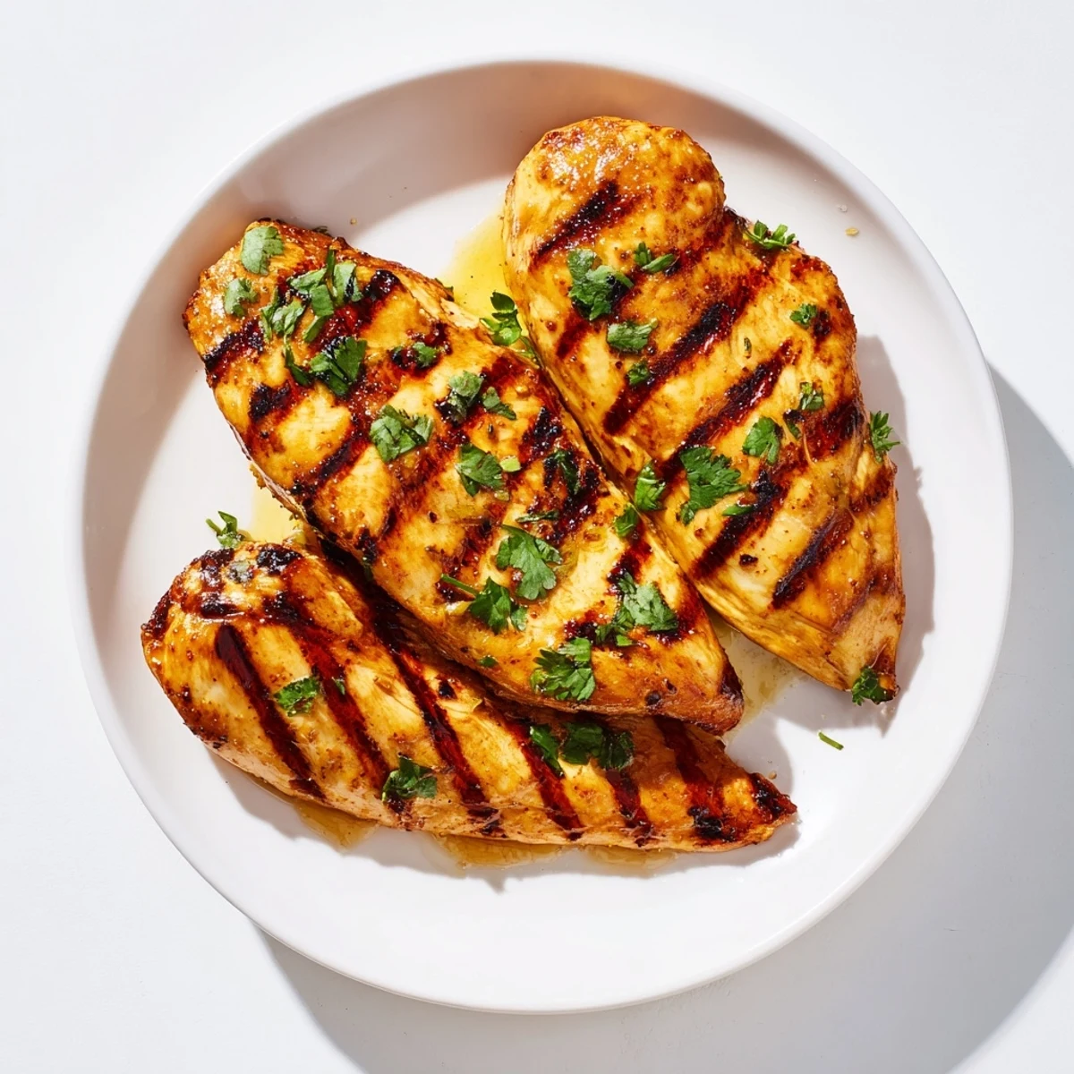 Golden brown Key West grilled chicken with vibrant lime wedges and fresh cilantro garnish on a white plate