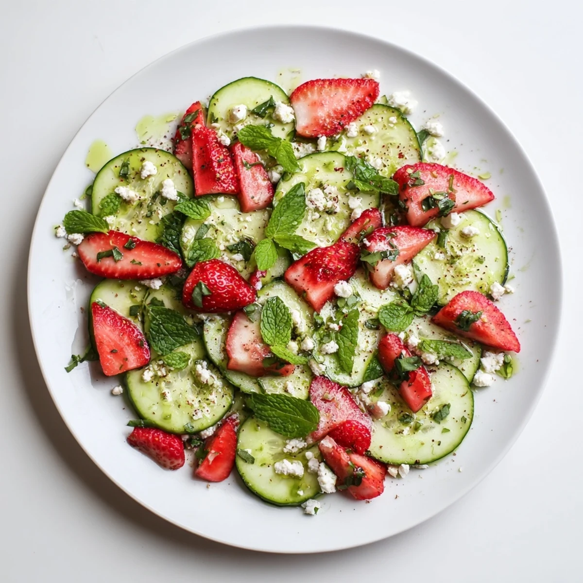 Fresh strawberry cucumber salad featuring juicy red berries, crisp green slices, and tangy balsamic drizzle in white bowl