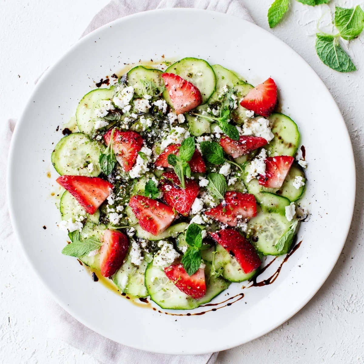 Vibrant summer strawberry cucumber salad topped with crumbled feta, fresh mint, and glossy honey dressing
