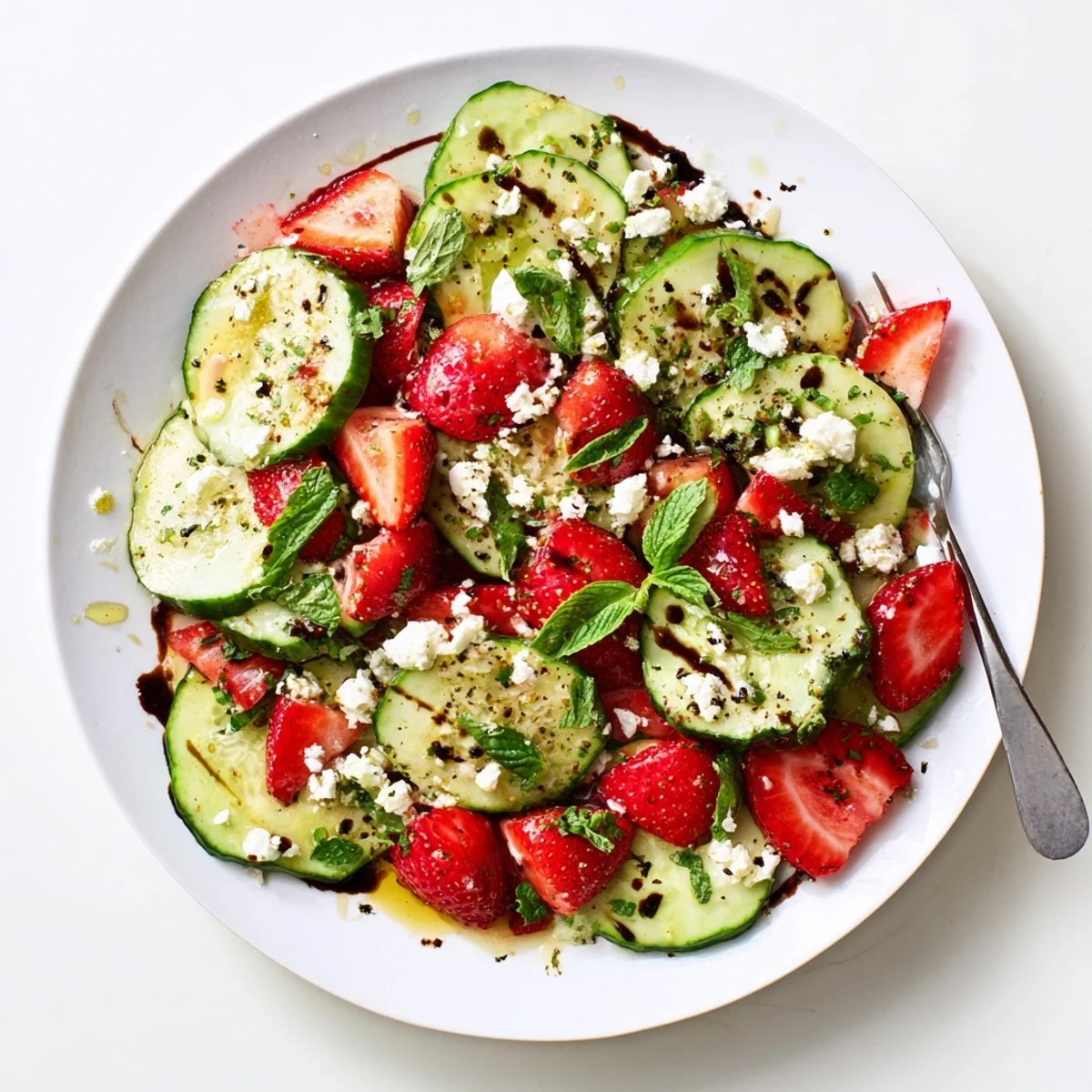 Light strawberry cucumber salad arranged on rustic platter with basil, thinly sliced produce, and olive oil glaze