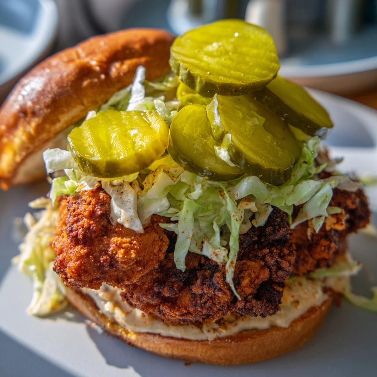 Crispy fried chicken sandwich on toasted bun topped with tangy pickle slices