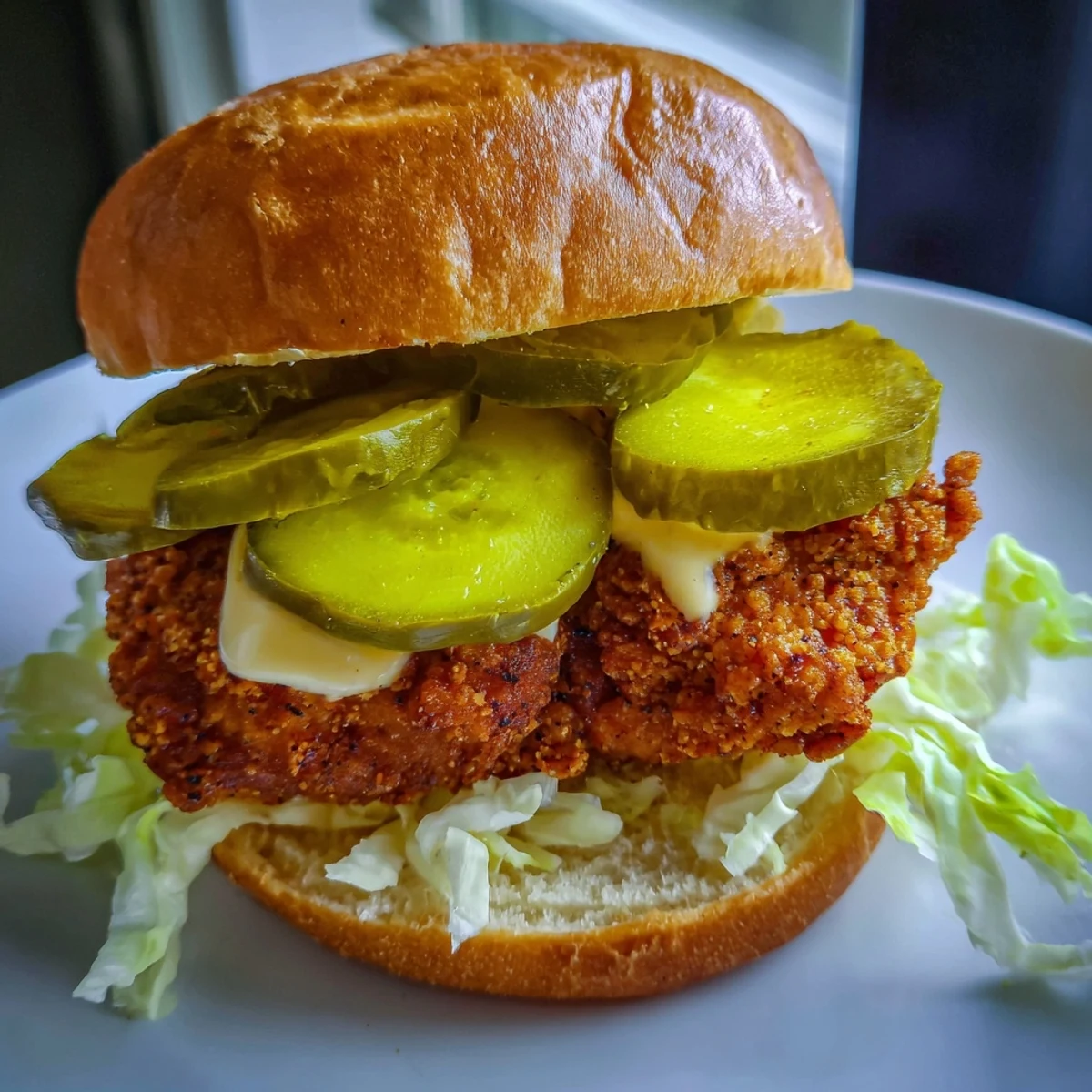 Golden pickle brined fried chicken sandwich with crispy coating and fresh lettuce
