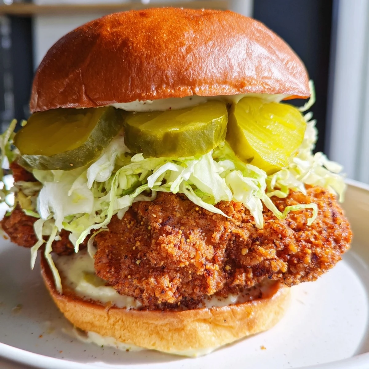 Juicy pickle brined fried chicken stacked high with crunchy lettuce and dill pickles