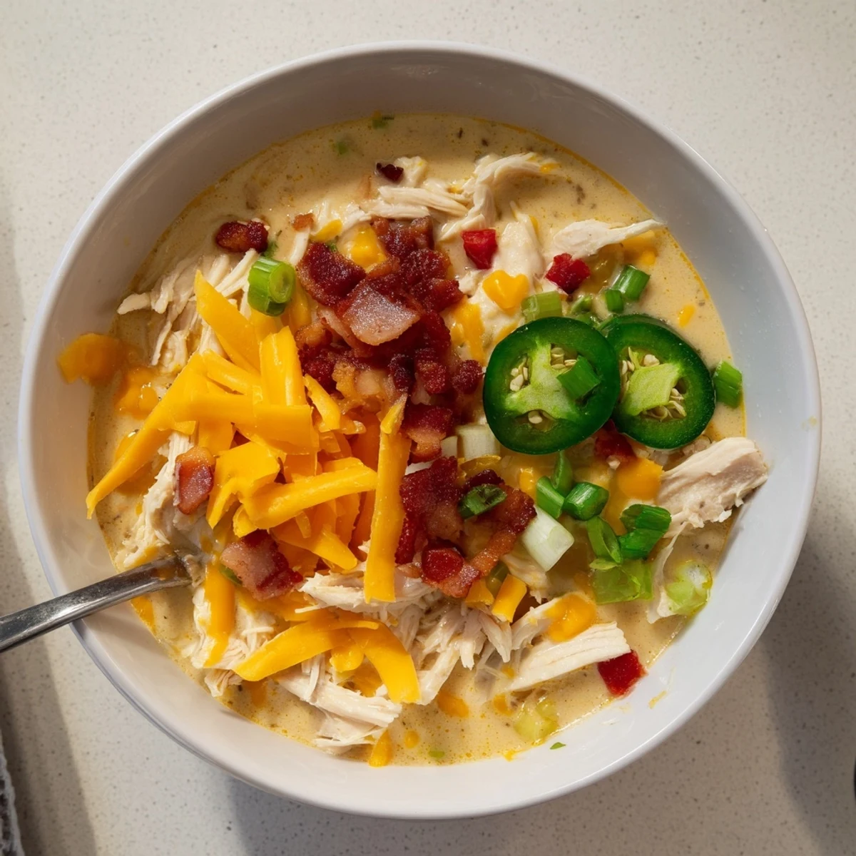 Creamy spicy jalapeno popper chicken soup garnished with crumbled bacon and shredded cheddar cheese