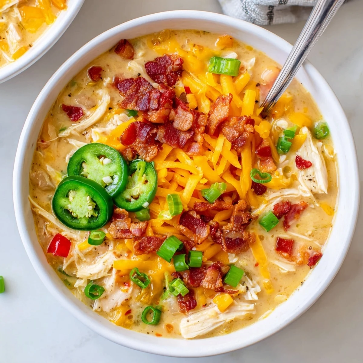 Rich gluten-free jalapeno popper chicken soup topped with green onions and extra melted cheese