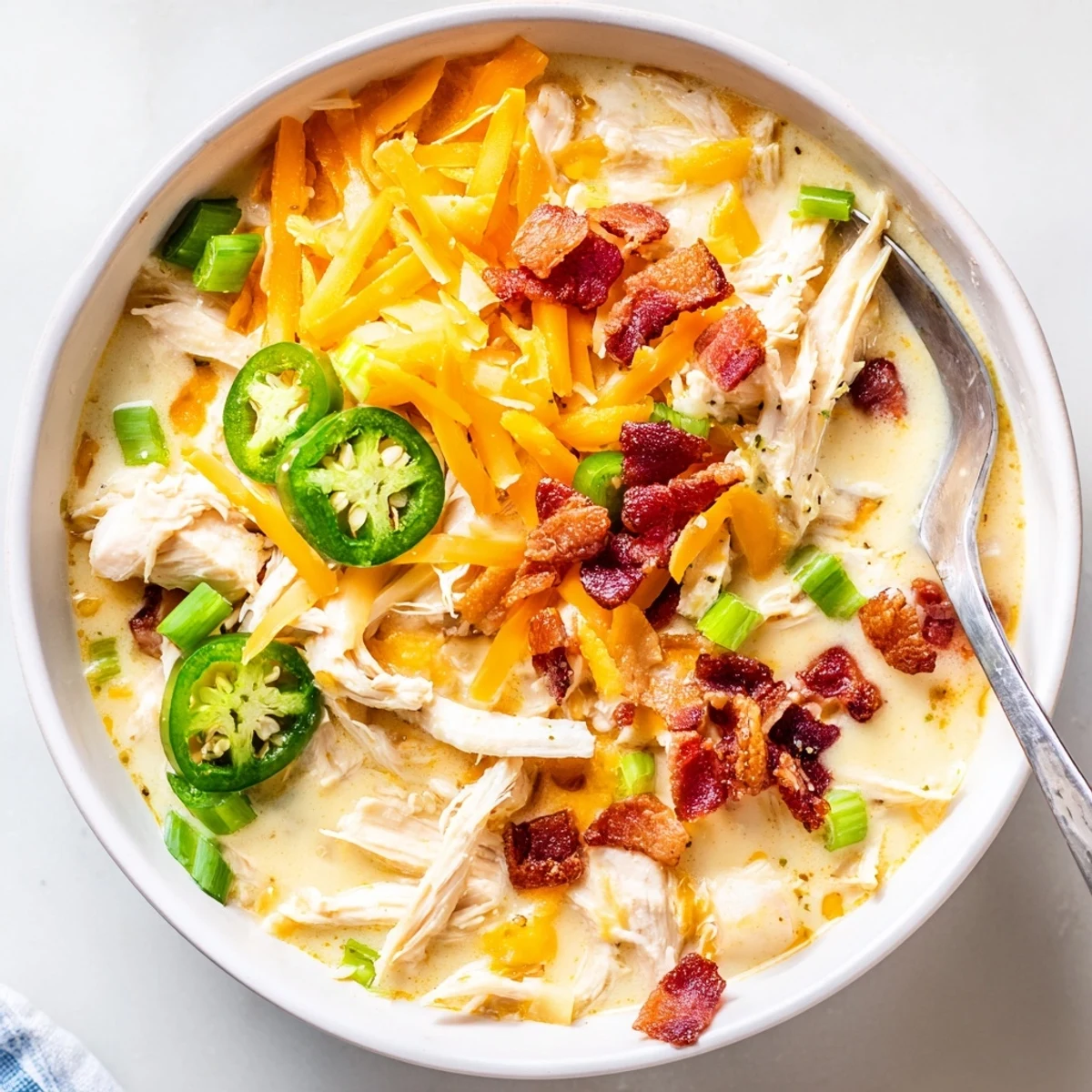 Steamy bowl of jalapeno popper chicken soup featuring tender chicken and colorful diced peppers