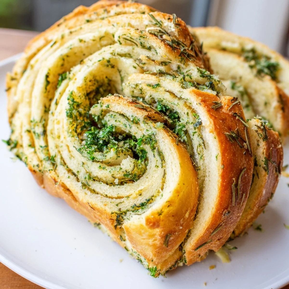 Freshly baked garlic and herb bread with golden crust and soft herb-infused center