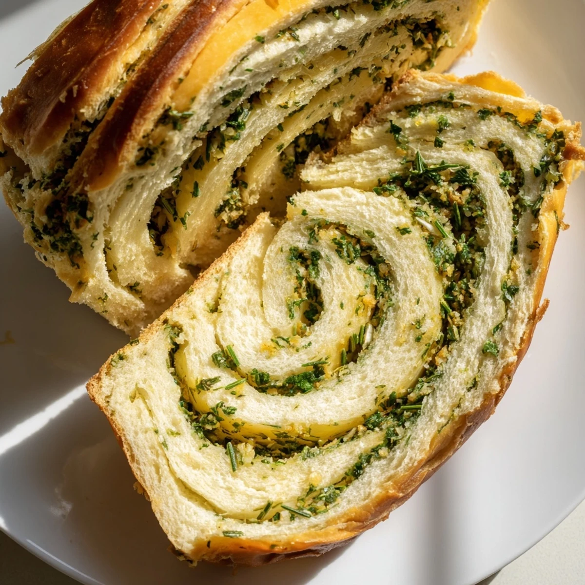 Golden garlic and herb bread loaf sliced to reveal fluffy interior and aromatic buttery layers
