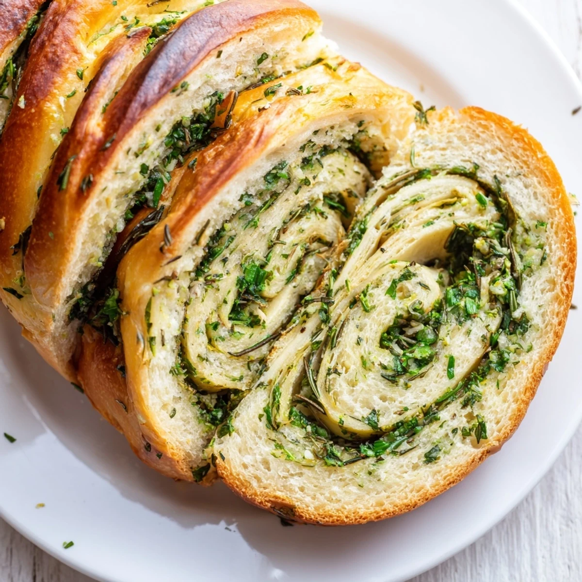 Warm garlic and herb bread served on wooden board with parsley and rosemary visible