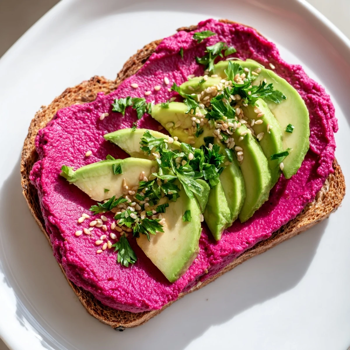 Open-faced sourdough bread piled high with creamy beet hummus and ripe avocado garnished with parsley and cracked black pepper