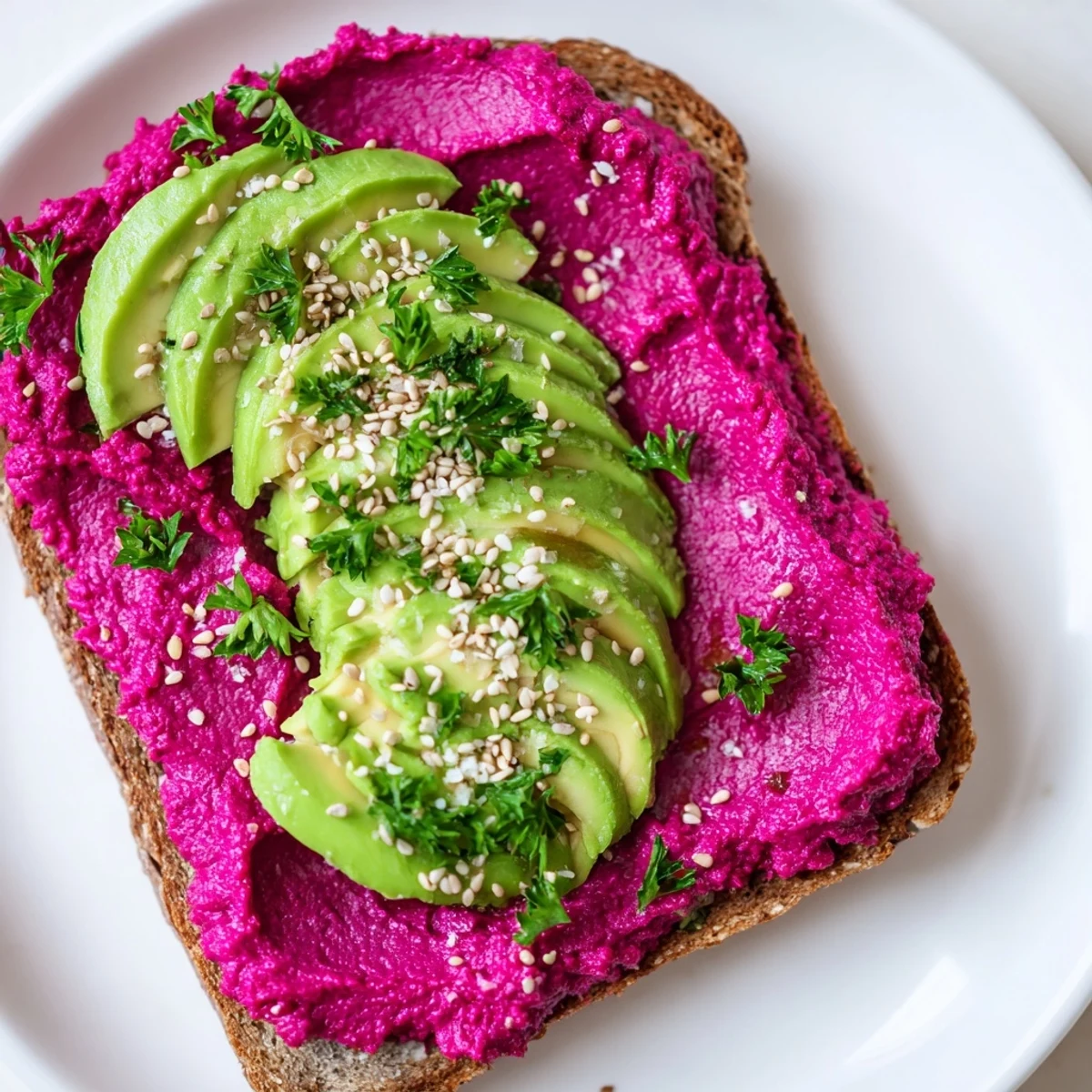 Golden brown toast layered with vibrant magenta avocado beet hummus topped with fresh green avocado slices and sesame seeds
