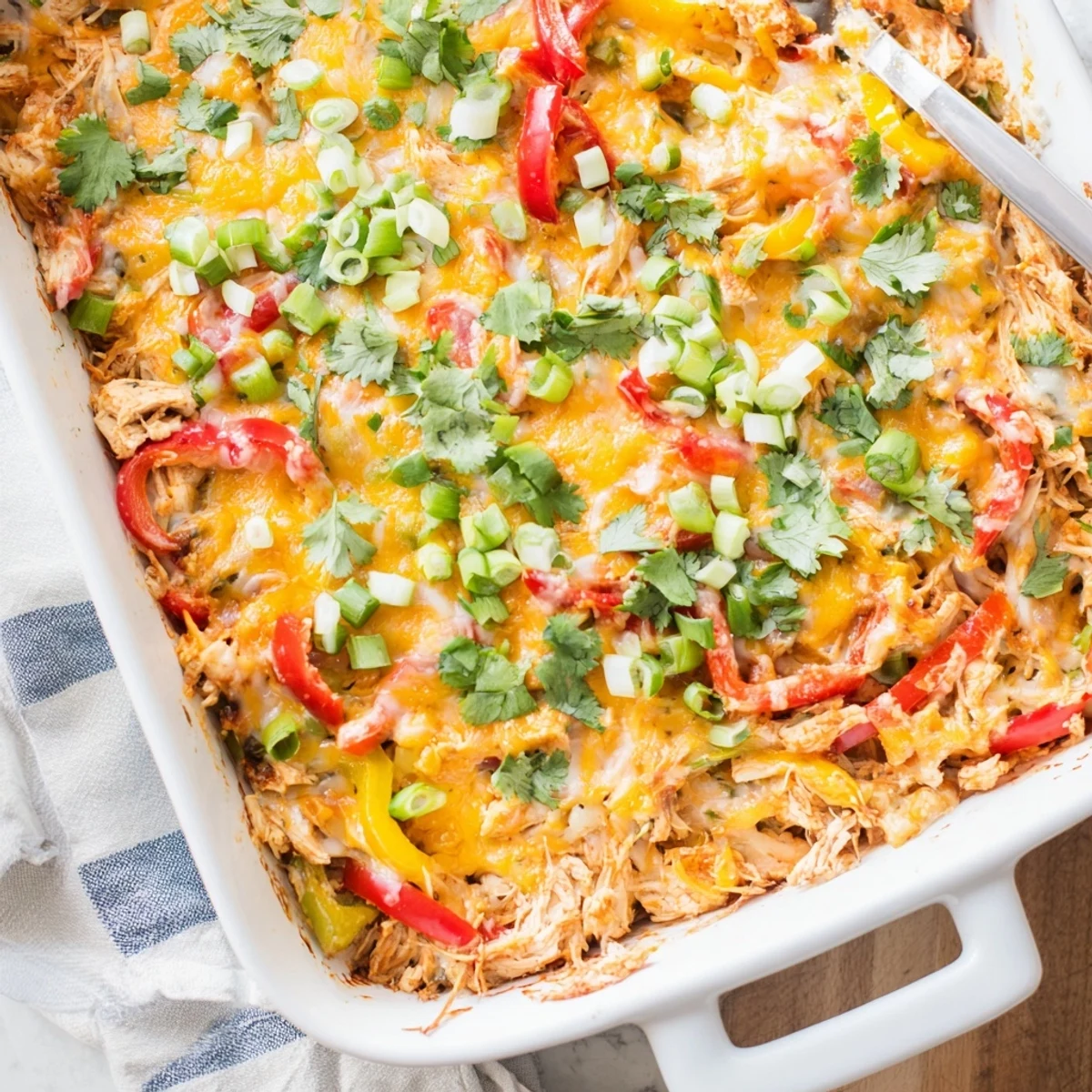 Golden cheesy chicken fajita casserole bubbling with colorful bell peppers and melted Mexican cheese topping