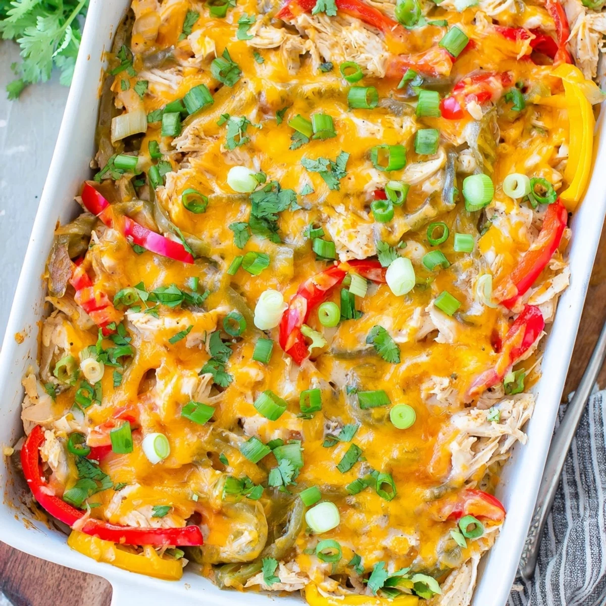 Baked chicken fajita casserole featuring tender shredded chicken, sautéed peppers, and onions under a golden cheese crust
