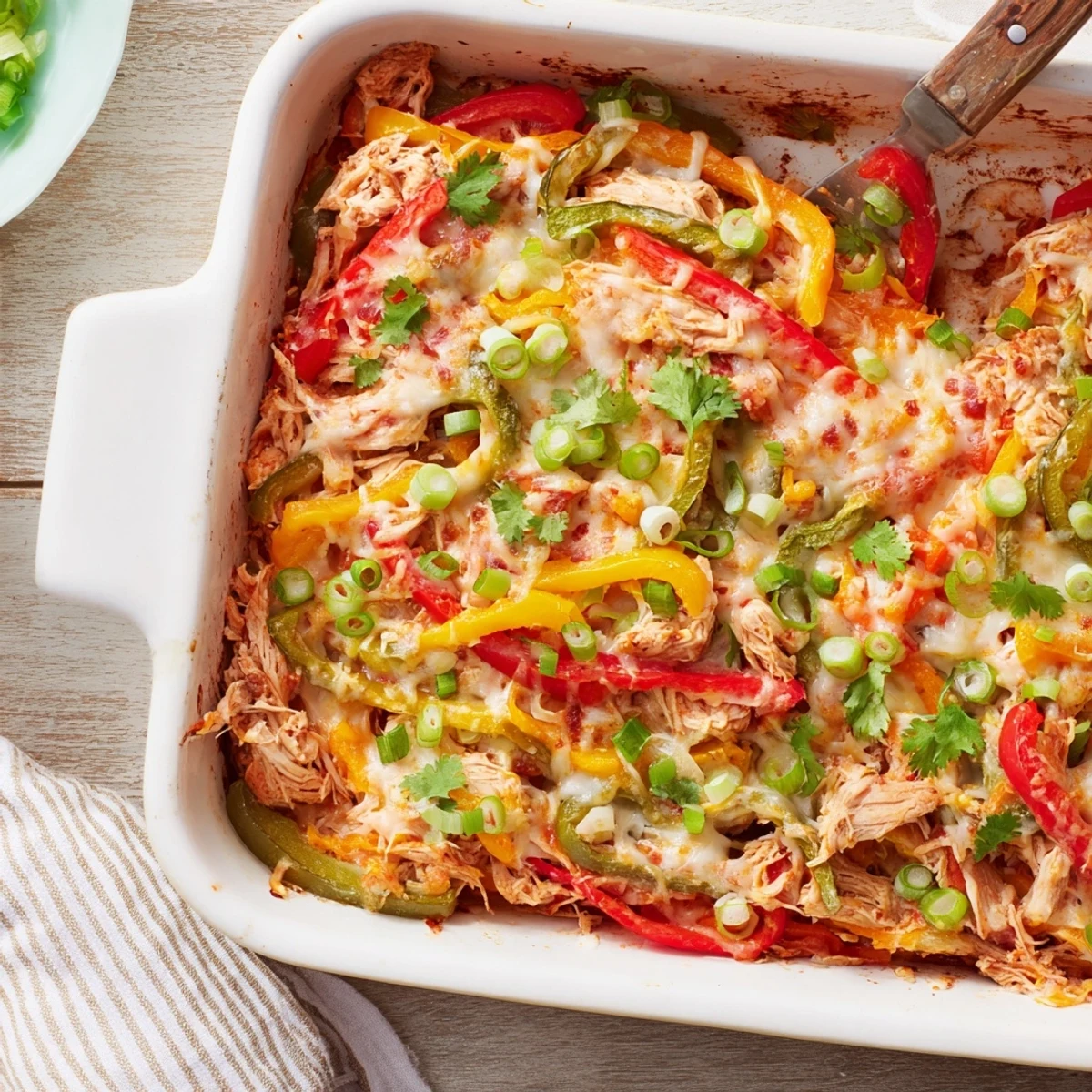 Comforting Tex-Mex chicken fajita casserole fresh from the oven with vibrant peppers and gooey melted cheese layer
