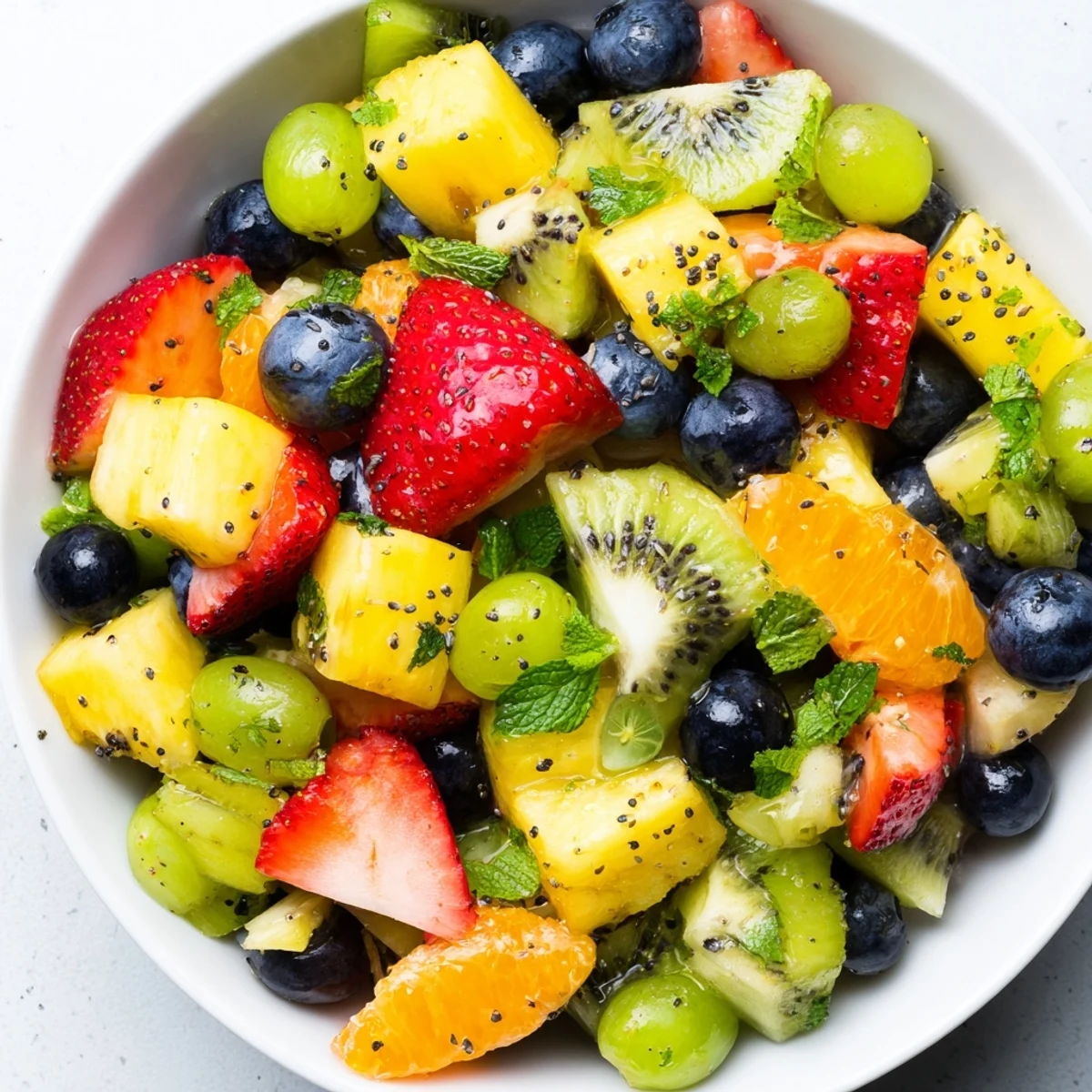 Refreshing spring fruit salad featuring tropical pineapple and mandarin oranges garnished with fresh mint