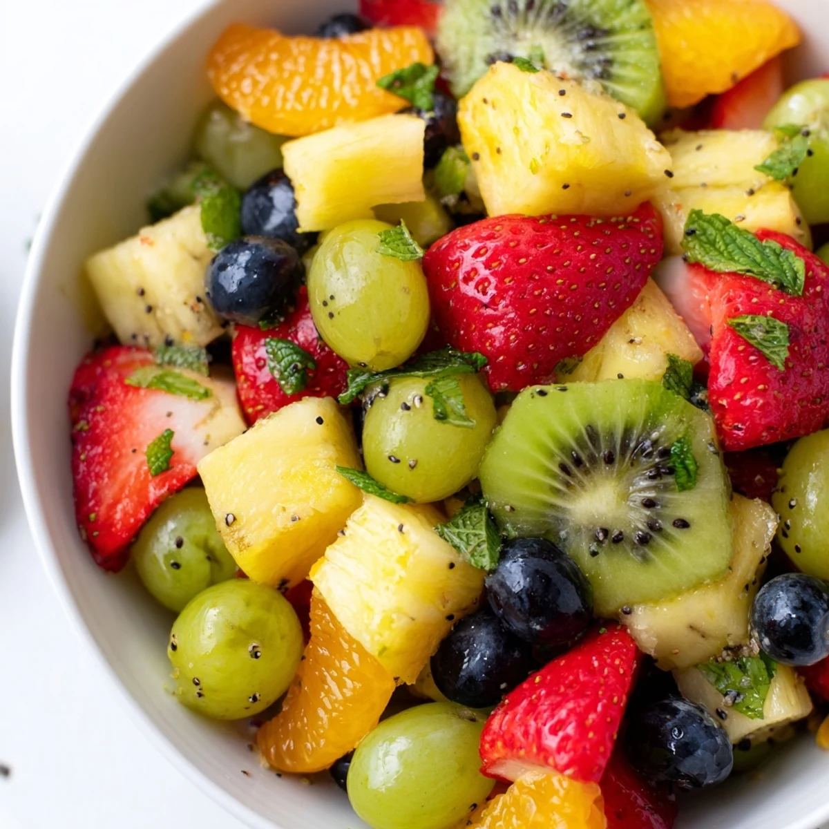 Colorful Easter fruit salad bowl with fresh strawberries, kiwi, blueberries, and honey lime dressing