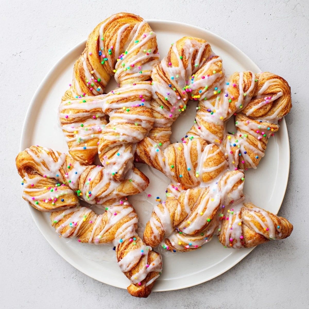 Golden Easter Bunny Twists drizzled with white icing and colorful sprinkles on a white plate
