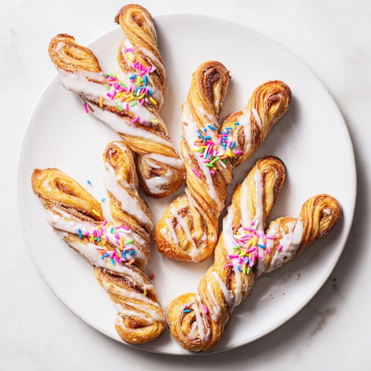 Flaky puff pastry Easter Bunny Twists shaped like bunny ears with cinnamon sugar coating
