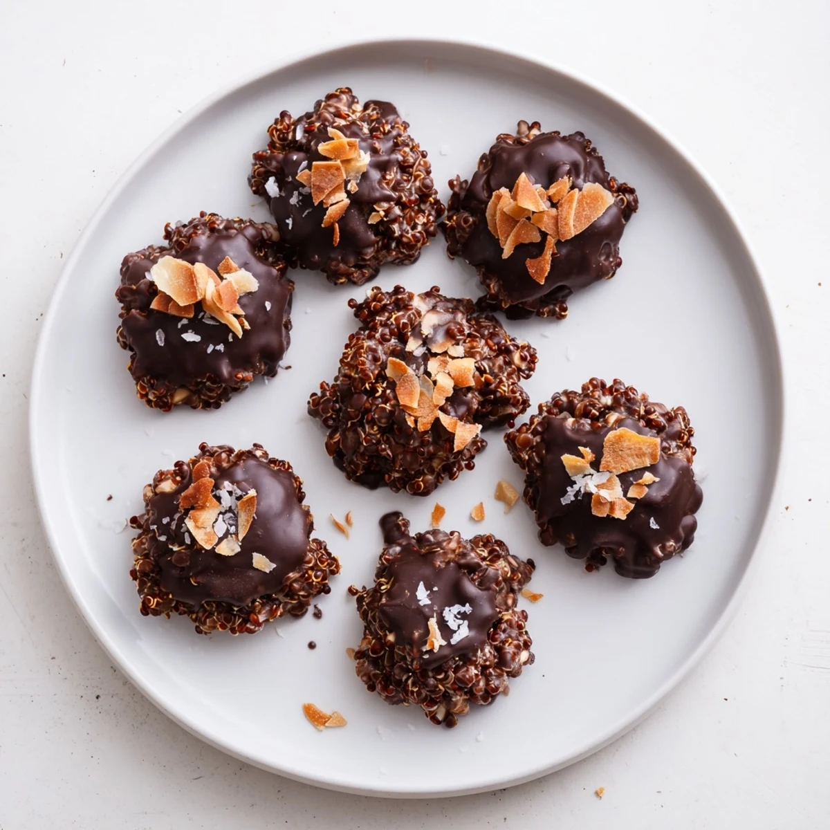 Dark chocolate quinoa crisps arranged on a white plate with glossy melted coating