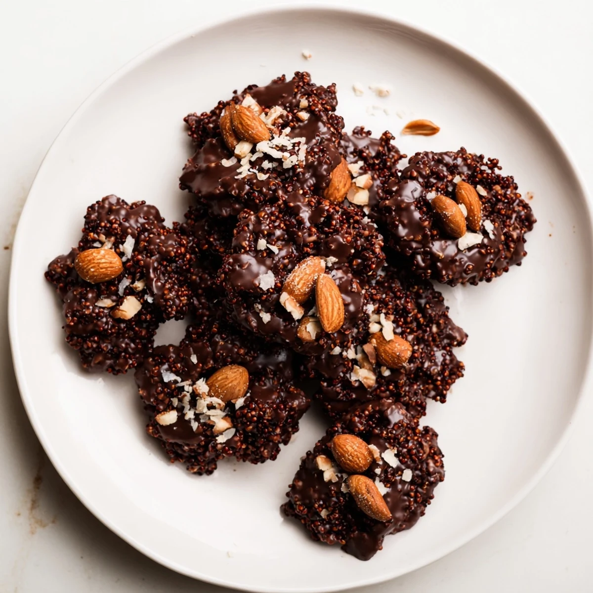 Bite-sized dark chocolate quinoa crisps sprinkled with sea salt on marble surface
