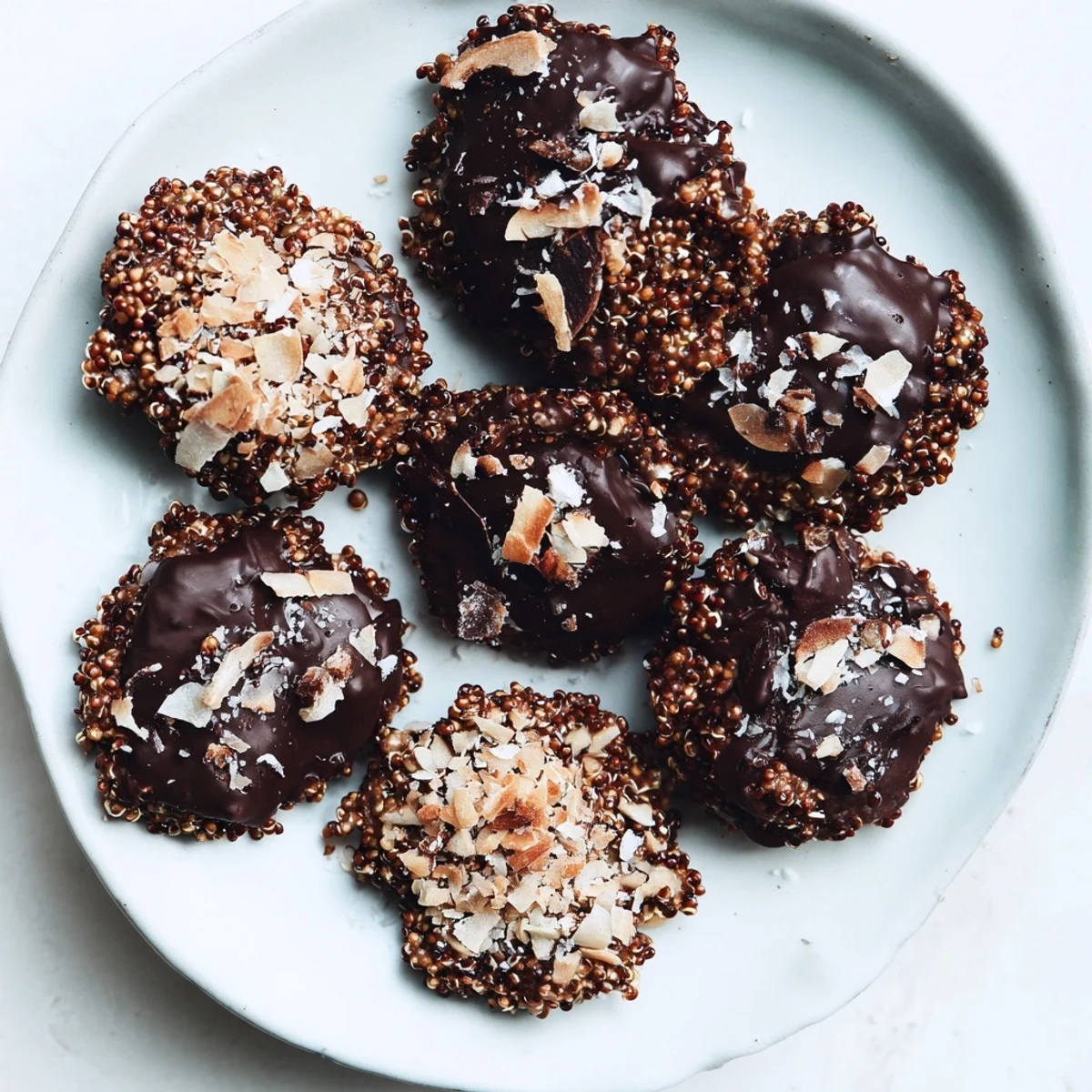 Homemade dark chocolate quinoa crisps showing toasted grain texture in rich chocolate