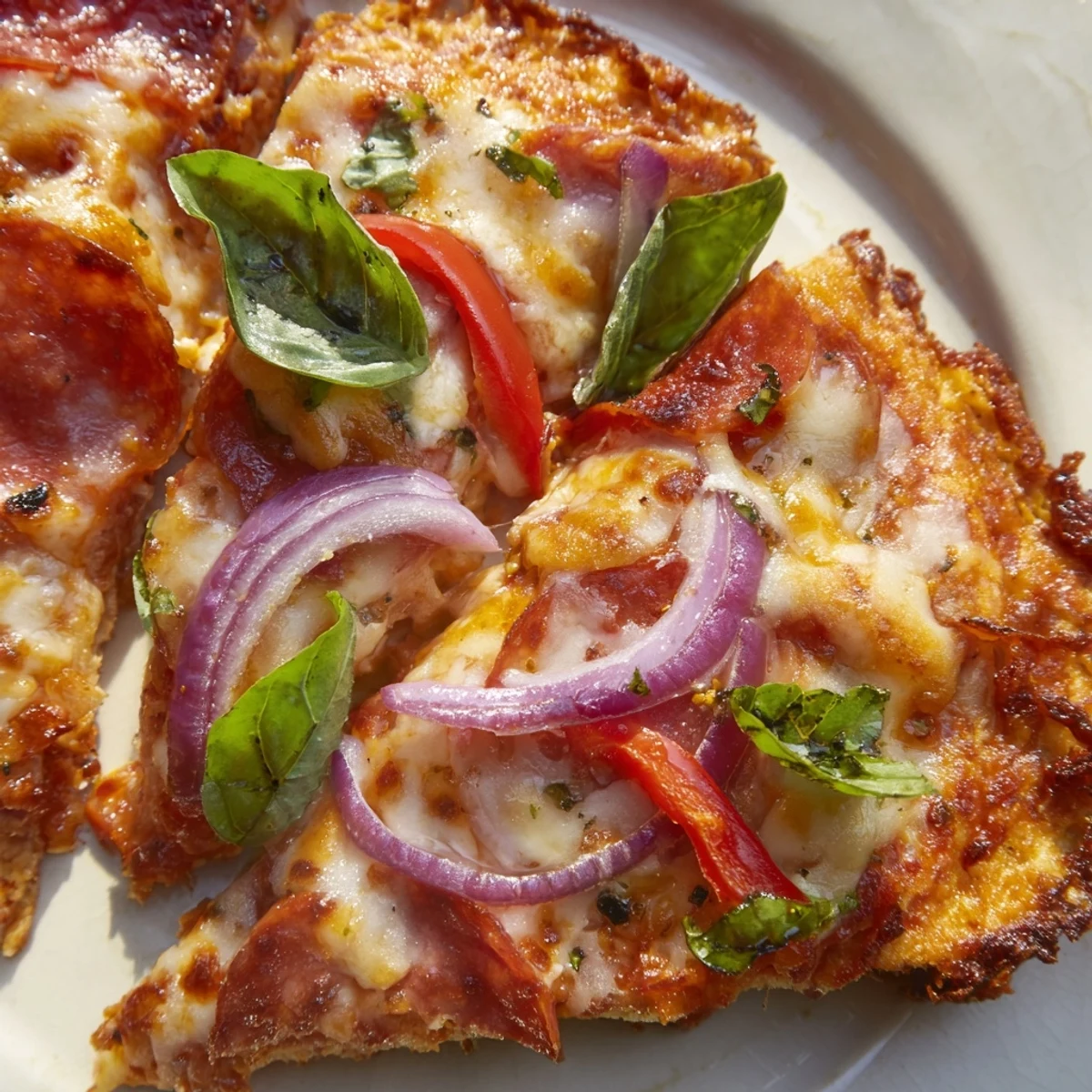 Golden crispy chicken crust pizza topped with melted mozzarella pepperoni and fresh basil