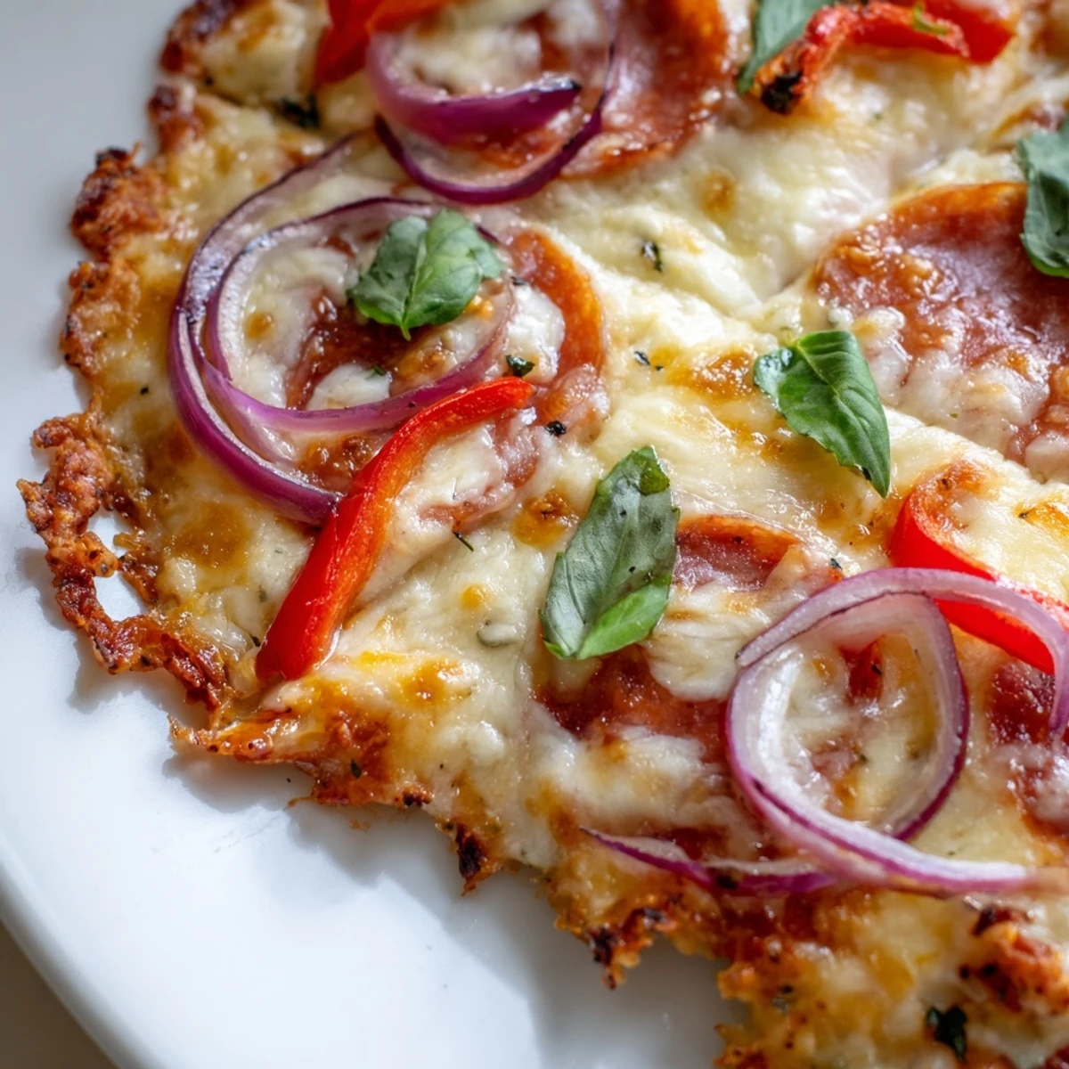 Low-carb chicken crust pizza bubbling with cheese and colorful vegetable toppings on a stone
