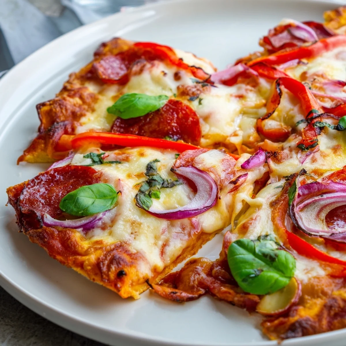 Gluten-free crispy chicken crust pizza sliced and garnished with red pepper and basil leaves