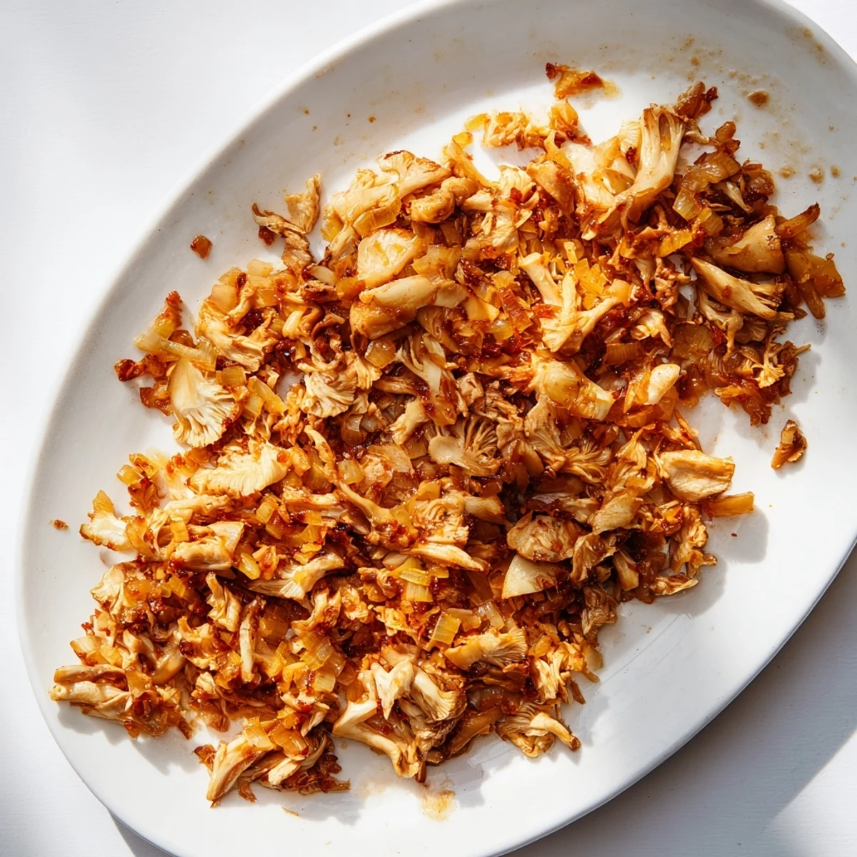 Golden shredded vegan carnitas with mushrooms piled in a serving bowl with fresh cilantro and lime wedges