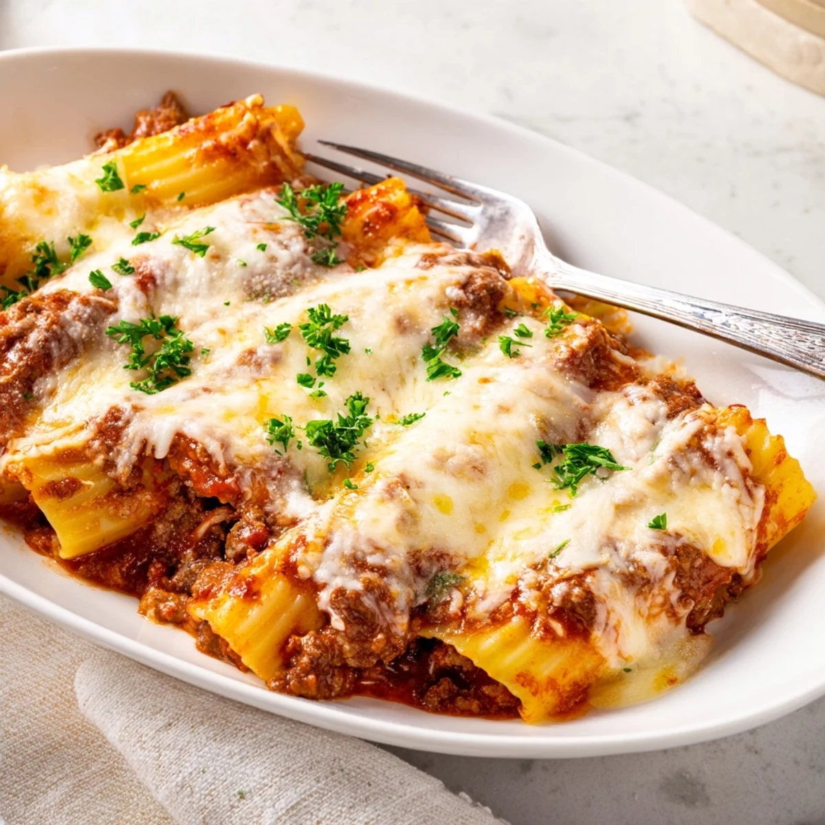 Golden cheesy stuffed manicotti pasta shells baked in rich red meat sauce with melted cheese topping