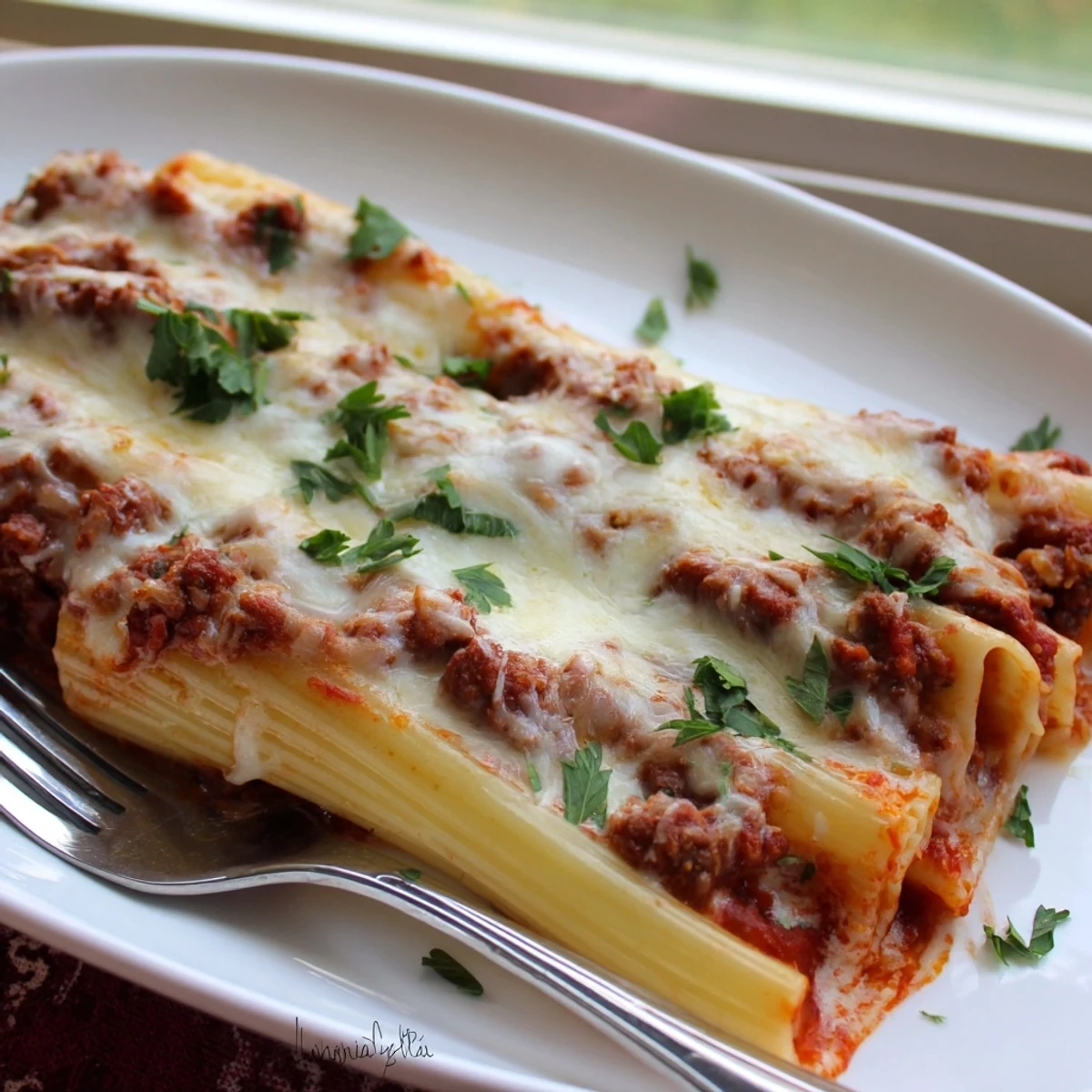 Baked Italian manicotti dish oozing three cheese filling topped with bubbling mozzarella and savory ground beef sauce
