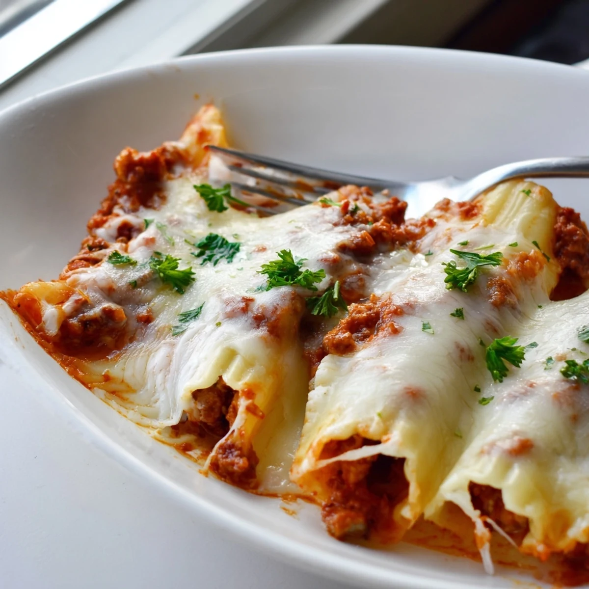 Tender pasta tubes filled with creamy ricotta mixture swimming in hearty homemade beef tomato sauce