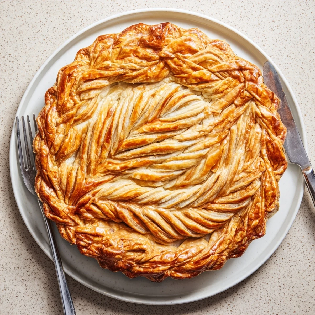 Golden brown Fishtail Braid Pie Crust with woven pastry strips encircling a filled pie plate