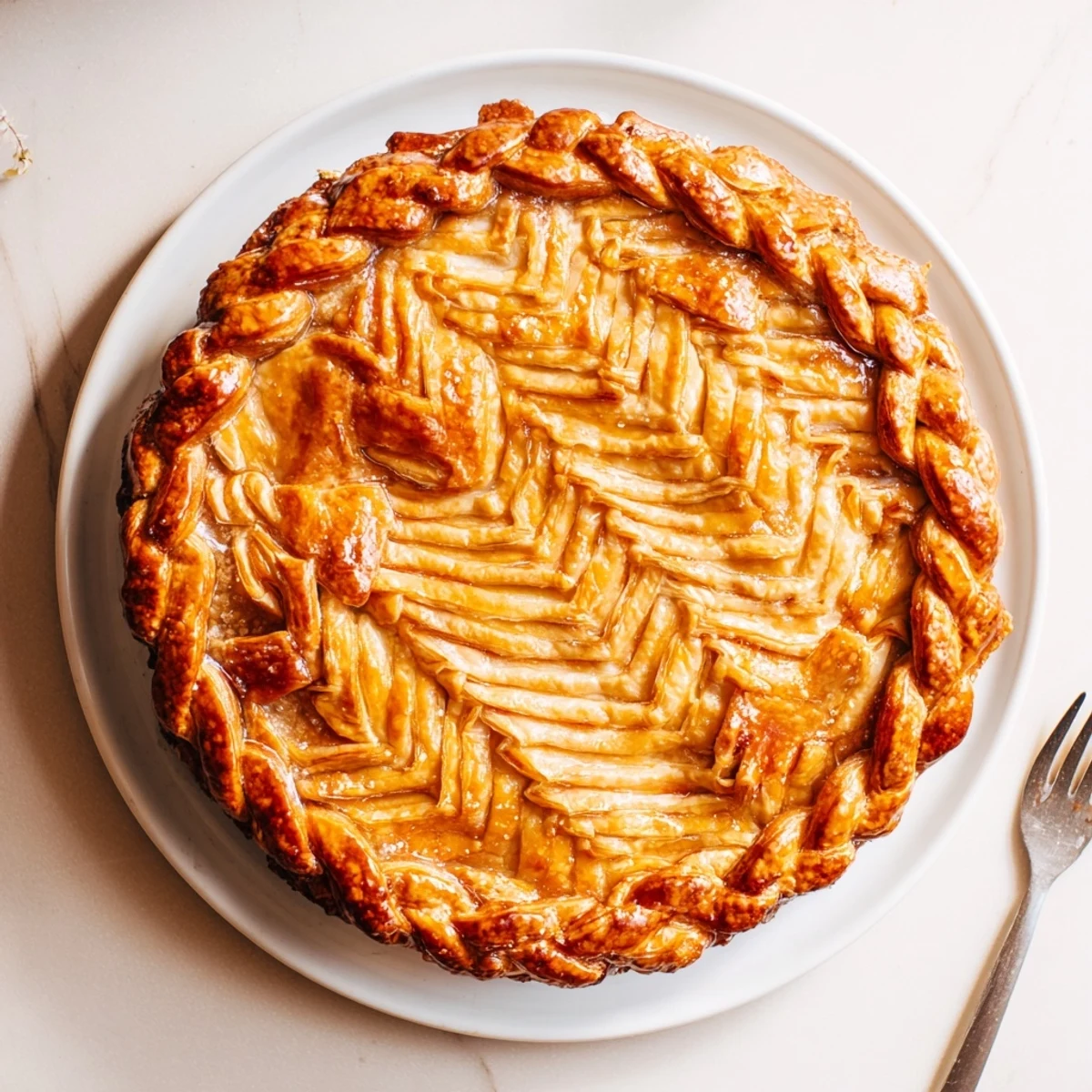 Hand-braided Fishtail Braid Pie Crust brushed with egg wash for a glossy, decorative finish