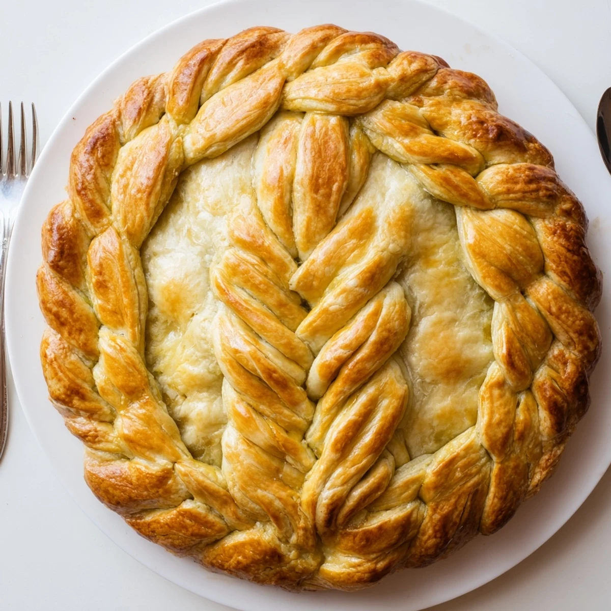 Intricate Fishtail Braid Pie Crust detail showing interlaced dough strips on a rustic baking surface