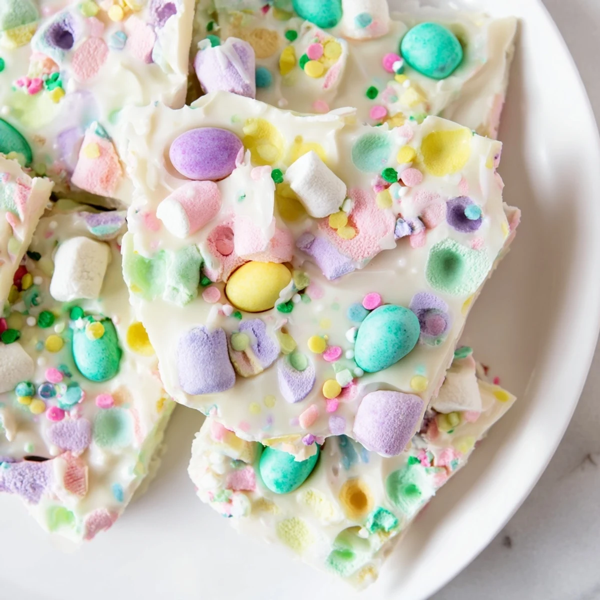 Creamy white chocolate Easter marshmallow bark topped with pastel candy eggs and colorful sprinkles on a parchment-lined sheet.