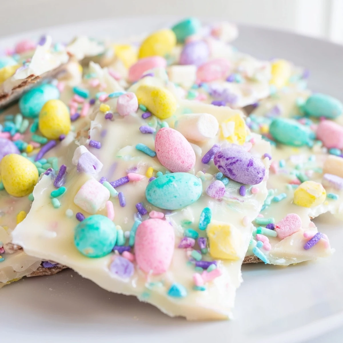 Festive Easter marshmallow bark broken into pieces revealing sweet marshmallows, melted white chocolate, and pastel egg decorations.