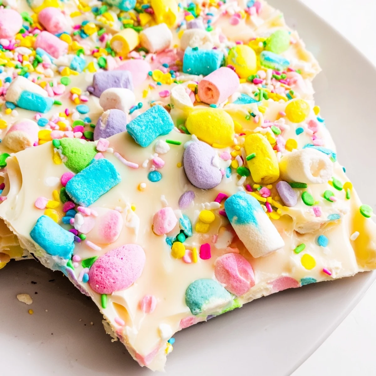 Colorful Easter marshmallow bark close-up showing chopped candy-coated eggs, sprinkles, and fluffy mini marshmallows swirled in white chocolate.